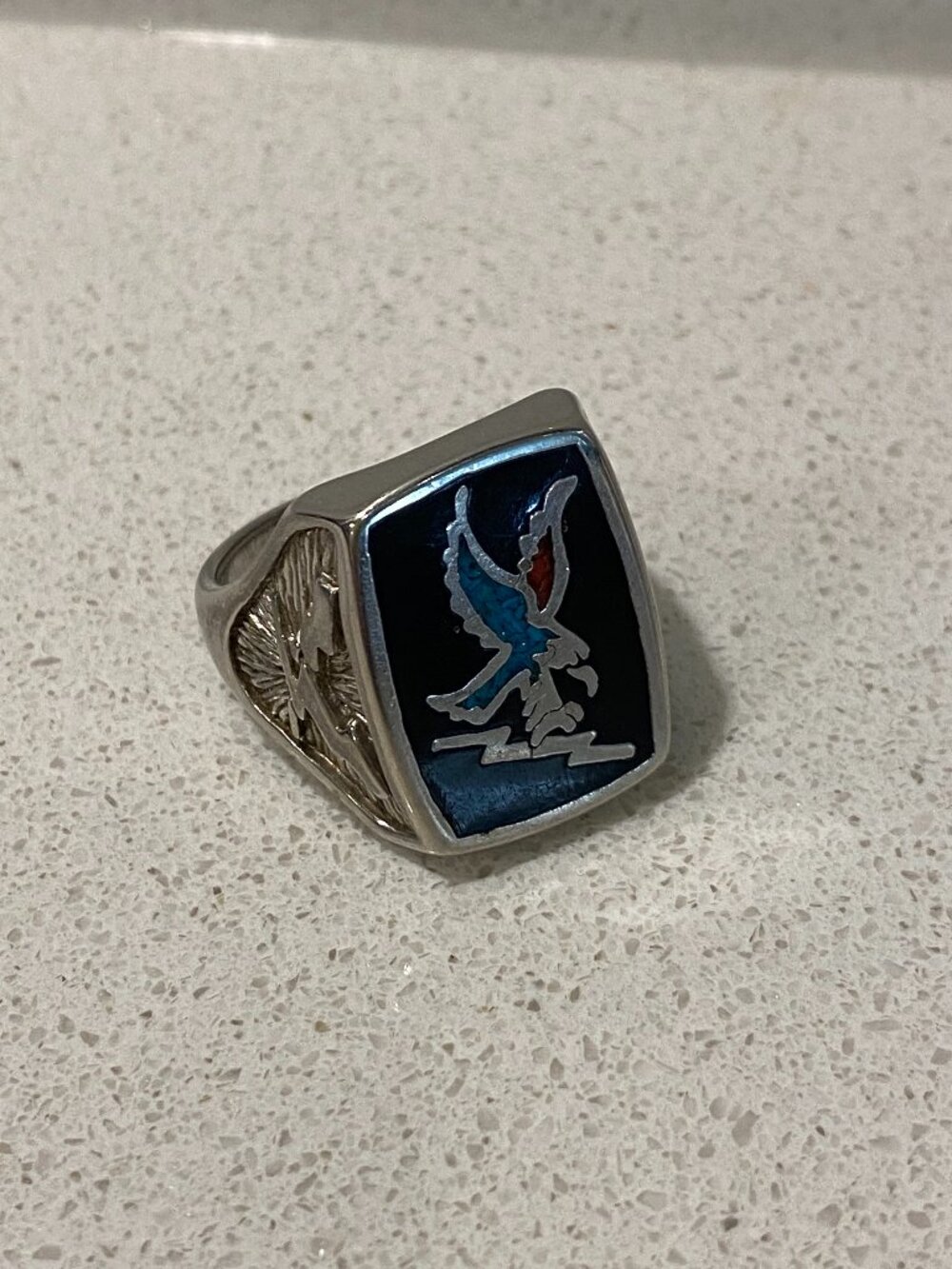 VINTAGE Silver-color Biker Eagle & Lightning Bolt Inlay Ring